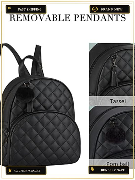 Vegan Leather Quilted Mini Backpack Purse with Pom Pom for Women Travel